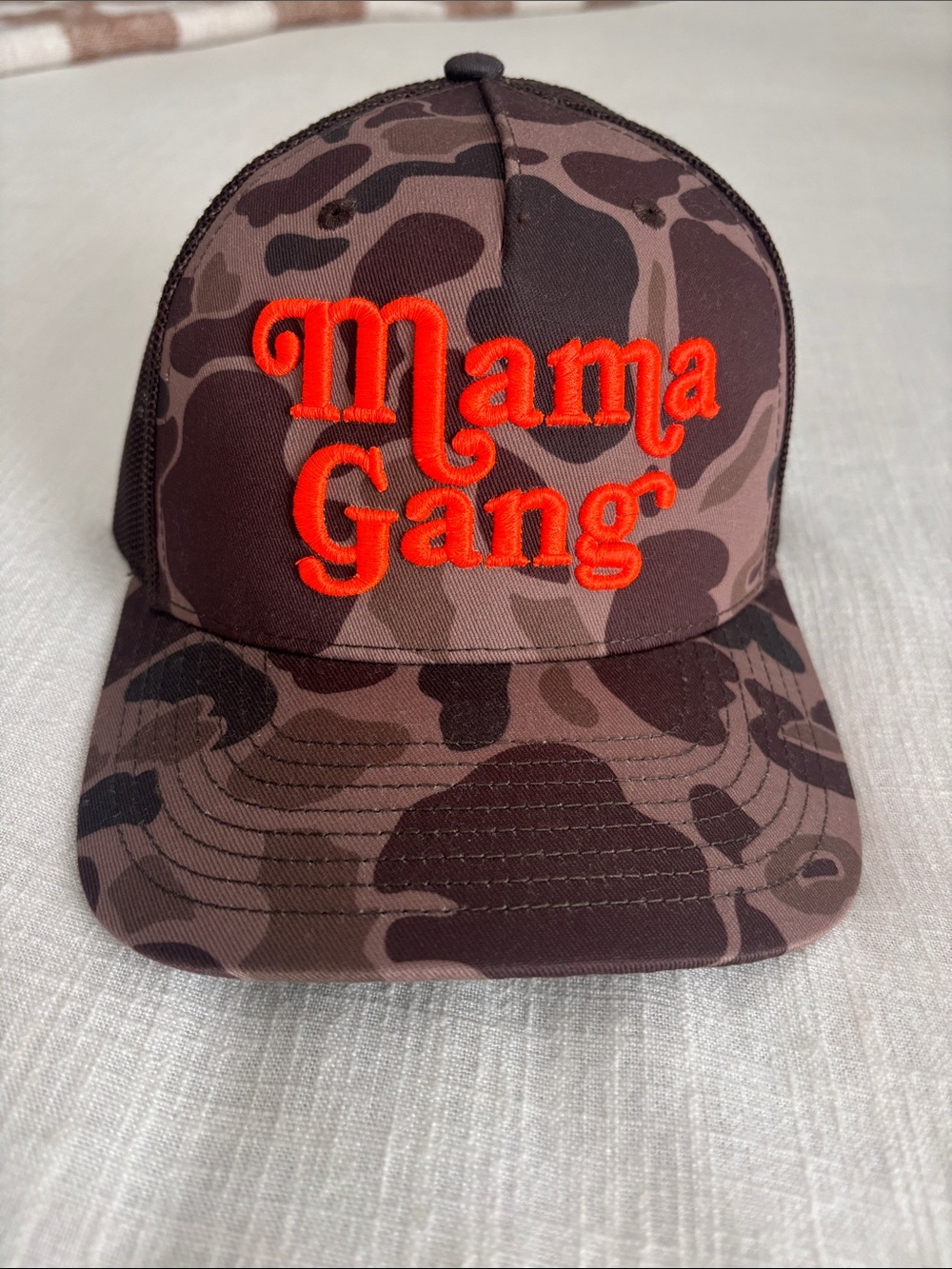 Mama Gang Camouflage Trucker Hat - Brown with Orange Embroidery